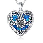 SOULMEET Sunflower Heart Shaped Blue Opal Locket Necklace That Holds Pictures Photo You Are My Sunshine Sterling Silver Locket Pendant