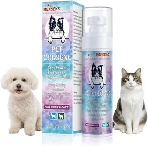 Mekseks Dog Cologne Spray Long Lasting Baby Powder Scent Perfume Conditioner for Dogs Cats Grooming Smooth Hair Keep Fresh Smell Control Odors Reduce Static Detangles, Natural Non-Sticky 3.4 fl oz