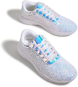 BELOS Women's Glitter Shoes Sparkly Lightweight Metallic Sequins Tennis Shoes, White, 9