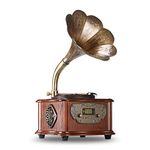 LuguLake Vintage Phonograph, Retro Turntable Gramophone Record Player with Copper Horn, Remote Control, Built-in BT 4.0/Subwoofer/3.5mm Aux-in/USB/FM