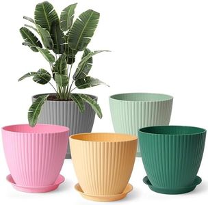 Winter Shore Macetas Grandes con Agujeros de Drenaje y Bandejas (Pack de 5) Maceteros Decorativos Interior y Exterior Redondos de Plástico, Resistentes a Intemperie, Heladas, Rayos UVA - 17,5 x 15 cm