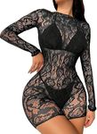 OYOANGLE Women's Floral Lace See Through Long Sleeve Sheer Mesh Romper Bodysuit Jumpsuits Black One-Size