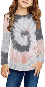 Ecokauer Girls Toddler Spring Clothes Outfits Tops Casual Tunic Tops Tie Dye Long Sleeve Loose Soft Girls' Tops, Tees & Blouses for Children T-Shirt with Side Buttons Tees Size 8-9 Multicolor Gray