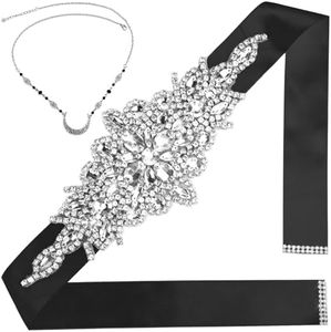 Belts for Women Dresses Plus Size Black Sash Rhinestone Bridal Belts Wedding Dress Satin Ribbon Dressy Belt for Evening Bridesmaid Dresses Church Party Ball Gowns Prom Casual Dresses