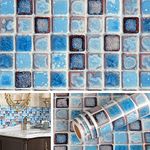 Livelynine 40CMX10M Waterproof Vinyl Wallpaper for Bathroom Shower Wall Countertop Kitchen Backsplash Peel and Stick Wallpaper Blue Pattern Contact Paper Removable Decorative Tile Stickers