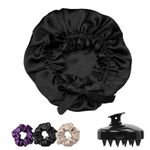 Atrube Silk Satin Hair Bonnet Reversible Reusable with Adjustable tie Band Satin bonnet wrap Silk Hair with Hair Scalp Massager Shampoo Brush and scrunchies (Black)