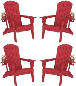 Plawdlik Folding Adirondack Chair Set of 4, SGS Tested, Wooden Textured with Cup Holder, Heavy All-Weather HDPE Comfortable Set Poolside Backyard Lawn,Red