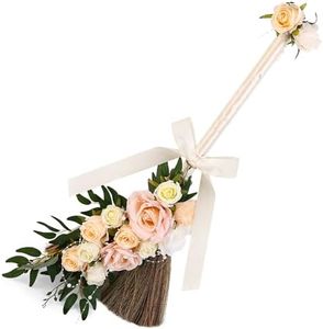 LORDLDS Wedding Broom DIY Jumping Broom for Wedding Ceremony 28 inch Tall Whisk Broom with Artificial Roses/Green Leaves/Ribbons/Pearl