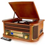 Denver 8-in-1 CD Bluetooth Cassette Player Retro Wooden Record Player HiFi System – 3 Speed Vinyl Turntable & Cassette With CD Player, FM/AM Radio, MP3 USB Recording, AUX IN And Line Out – MCR-50BT