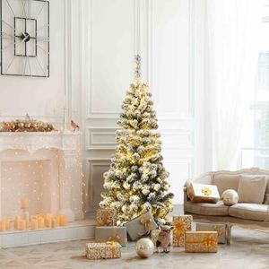 Costway 150cm Snow Flocked Prelit Christmas Tree w/150 Warm White LED Lights, Premium Hinged Artificial Xmas Full Tree, Solid Metal Stand, Easy Assembly for Indoor Holiday Decoration