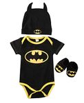 Newborn Infant Baby Boy Girl Batman Rompers+Shoes+Hat Outfits 3Pcs Set Clothes Gift Batman Cloth Suit Babysuit (Short Sleeve, 6-12 Months)