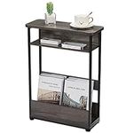 Vintage Narrow Side Table with Storage Shelf, 3-Tier Slim End Table Modern Sofa Table for Narrow and Small Spaces,62.5CM Height Skinny Bedside Table Small Nightstand with Magazine Rack (Grey)