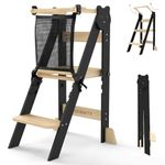 SOINMTY Foldable Toddler Tower, Wooden Toddler Kitchen Stool Helper with 3 Adjustable Heights and Anti-Tip Structure, Learning Tower for 2-6 Years Kids, Black