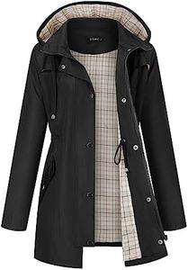 LOMON Women Rain Jacket Lightweight Hooded Jackets Women Lined Trench Coats Waterproof Outdoor Hiking Raincoat Black M (Cute Plaid Lining)