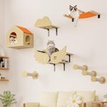 automoris Cat Wall Shelves for Wall,8 Pcs Cat Wall Climber,Cat Wall Furniture for Indoor Cat,Cat Shelves with Cat Stairs, House and Bridge, Pine with Wing Shape-Orange & Beige