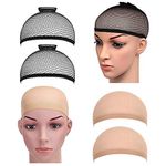 KissDate 4 Pack Elastic Wig Caps, Nylon Neutral Nude Beige and Open End Black Mesh Net Wig Cap