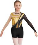 CHICTRY Kids Girls Sparkly Rhinestones Long Sleeve Gymnastics Dance Leotard Bodysuit Biketard Top with Shorts Set Swimwear Type A Gold&Black 11-12 Years