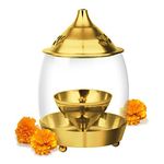 Treo by Milton Arpan Decorative Brass Diya for Puja with Curved Glass Cover Home Decoration Oil Akhand Diyas, Mandir Jyoti Wick Holder Stand, Traditional Gold Lid Lamps