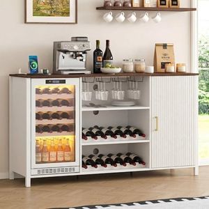 70" Large Coffee Bar Cabinet with Power Outlet, Mini Fridge Cabinet with Adjustable Shelf Wine Rack Glass Holder Liquor Wine Bar Storage, White Fluted Buffet Sideboard Table for Kitchen Dining Room