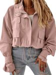 Tankaneo Womens Cropped Bomber Jacket Long Sleeve Zip Up Casual Coats Loose Fit Outerwear with Pockets, Dark Pink, Large