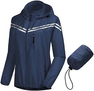 CREATMO US Women's Packable Waterproof Running Rain Coat Reflective Cycling Jacket Windbreaker With Detachable Hood, Navy Blue, Medium