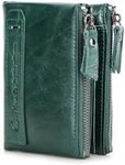 Contacts Genuine Leather Double Zipper Wallet for Women and Men Small Bifold Coin Card Purse with RFID Blocking, Dark Green, Classic