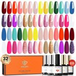 Modelones 32 Pcs Gel Nail Polish Kit Summer Neon 28 Colors Gel Nail Polish Set Soak Off UV Gel Glitter Gel Polish with Glitter & Glossy & Matte Gel Top Base Coat Home DIY Nail Manicure Gift for Women