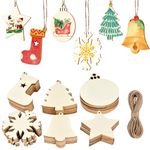 Fuyuleyo 60Pcs Wooden Baubles Wooden Christmas Decorations, Natural Wooden Christmas Ornaments Shapes Paintable Wood Slices for Kids DIY Christmas Crafts Hanging Xmas Tree Decorations