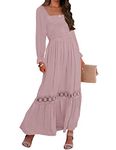 ZESICA Women's 2024 Boho Long Sleeve Square Neck Smocked High Waist Flowy A Line Lace Trim Maxi Dress, Dark Pink, X-Large