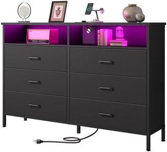 Dresser for bedroom, Fabric Black Bedroom Dresser with LED Lights and Charging Station, 6 Long Drawers Dresser, Tall Wide Chest of Drawers Storage Organizer TV Stand for up to 60" TV for Living Room