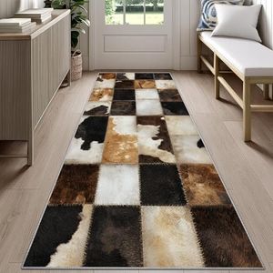Reocahoo Cowhide Runners for Hallways 4x12ft, Western Cow Print Runner Rug Vintage Brown Patchwork Rugs, Non-Shedding & Easy to Clean, Suitable for Living Room Hallway Bedroom