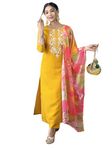 Naixa Women's Yellow Rayon Blend Embroidered Straight Kurta with Rayon Blend Pant and Organza Printed Dupatta Sets (NX-506-Yellow-XXL)