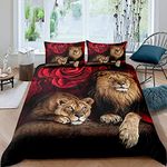 Lion Rose Duvet Cover Sets King Size Animal Floral Print Comforter Cover Nature Theme Design Bedding Set For Kids Youth Adult Modern Brown Lion Quilt Cover Decor Room