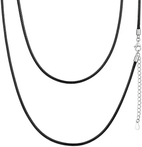 ChainsHouse Woven Rope Chain Leather Necklace for Men with Black Clap, 3mm Black Cord Necklace 16 Inch