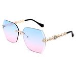 FEISEDY Women Trendy Rimless Sunglasses Metal Frame Diamond Cutting Lens B2567 (Blue Pink)