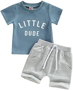 Ledy Champswiin Toddler Boy Clothes Baby Summer Outfit Dinosaur Letter Print Cotton Tops+Grey Elastic Shorts 2pcs, Little Dude Blue, 2-3 Years