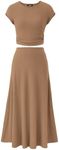 BTFBM Women Two Piece Skirt Set Casual Ribbed Knit Crew Neck Short Sleeve Cropped Top Elastic Waist Swing Midi Skirts(Solid Light Brown, Large)