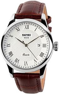 SKMEI Brand Men’s Quartz Watches Waterproof Leather Strap Casual Calendar Business Wrist Watches Analog (Brown+Silver)