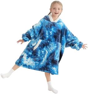 Kipswiza Blanket Hoodie for Kids Oversized Wearable Blanket, Super Soft Warm Sherpa Fleece Blankets Sweatshirt for Girls Boys Children - Blue Tie Dye
