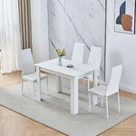 Modern White Dining Room Table Wooden and Pu Leather Chairs Set of 4 for Small Space, 5pcs Kitchen Rectangular Table with 4 White Chairs Set Space-saving