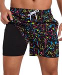 Aueyan Mens Swim Trunks 5.5 inch with Compression Liner Zipper Pockets,Quick Dry Swimsuit Trunks Funny Beach Board Shorts, Graffiti Paint, Medium