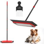 Pet Hair Carpet Rake - Dual Function Cat and Dog Hair Remover for Carpet with Long Adjustable Handle - Removes Fur from Carpets and Furniture - Pet Hair Removal Broom with Rubber Edge - Rug Rake Tool