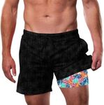 Cozople Men 5.5" Inseam Swimming Trunks with Compression Liner 2 in 1 Quick Dry Boxer Brief Lined Swim Shorts Novelty Palm Tree Print Board Shorts Swimwear L