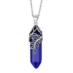 Bestyle Vintage Dainty Silver Olive Leaf Necklace with Created Sapphire September Birthstone Clear Quartz Crystal Necklace Jewelry Gifts for Women, Silver Role Chain 18"+2"