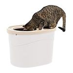 IRIS USA Large Simple Round Top Entry Cat Litter Box with Scoop, Curved Kitty Litter Pan with Litter Particle Catching Cover and Privacy Walls, White/Beige