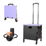 Foldable Utility Cart Folding Portable Rolling Crate Handcart with Durable Heavy Duty Plastic Telescoping Handle Collapsible 4 Rotate Wheels for Travel Shop Moving Luggage Office Use (Black+Purple)