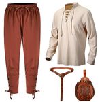 Xtinmee 4 Pcs Medieval Viking Costume Set Includes Lace up Long Sleeve Shirts Cuff Renaissance Pants Leather Belt Pouch (Beige, Brown, Coffee,Large)