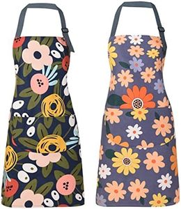 ARBINSON 2 Pack Floral Apron for Women with Pockets, Adjustable Cotton Chef Aprons for Kitchen, Cooking, BBQ & Grill, Blue/Flowers, Medium