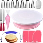 RFAQK 35 PCs Cake Turntable and Cake Leveler-Rotating Cake Stand with Non slip pad-7 Piping Tips & 20 Bags-Straight & Offset Spatula-3 Scraper Set-EBook-Cake Decorating Set Kit & other Baking supplies