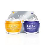 Olay Moisturiser Gift Bag, Womens Skin Care Gift Sets and Kits, Vitamin C plus AHA 24 Face Cream and Retinol 24 Night Cream for Bright and Smooth Skin, Free Make Up Bag and Gua Sha, 50 ml/50 ml